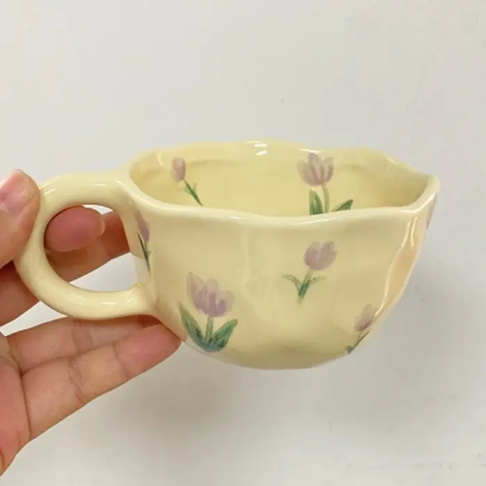 Tasses en céramique fleur irrégulière, café, lait, jaune, pincées à la main, style coréen, mignon, p