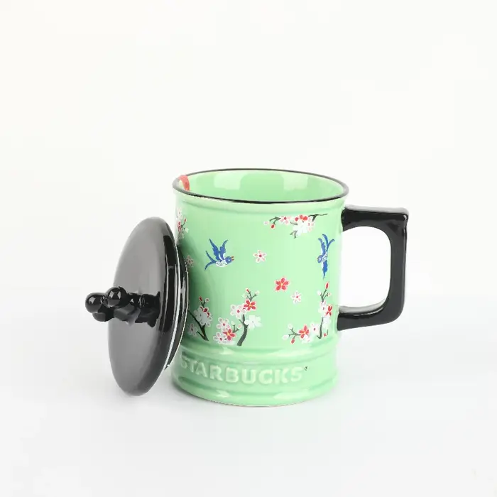 Tasse Starbucks Lucky Magpie Plum Blossom, tasse en émail vert avec couvercle noir, cadeau idéal pou