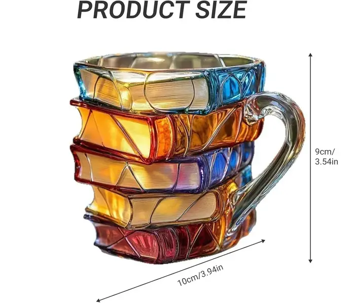 Tasse à livre peinte, tasse à café en verre coloré 3D