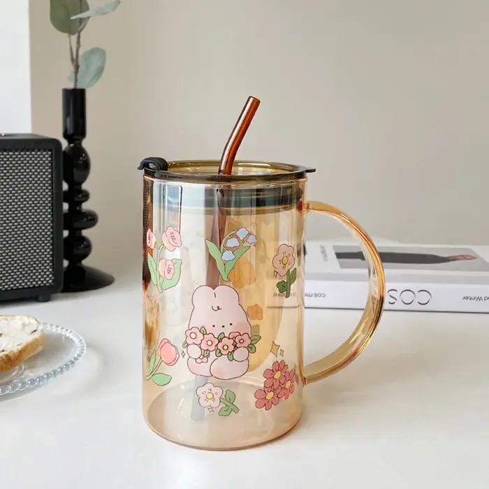 Tasse en verre avec couvercle en paille en forme de lapin mignon, Kawaii, pour café, lait, bière, vin, verres à boire, tasse pour eau et jus coréens, cadeau