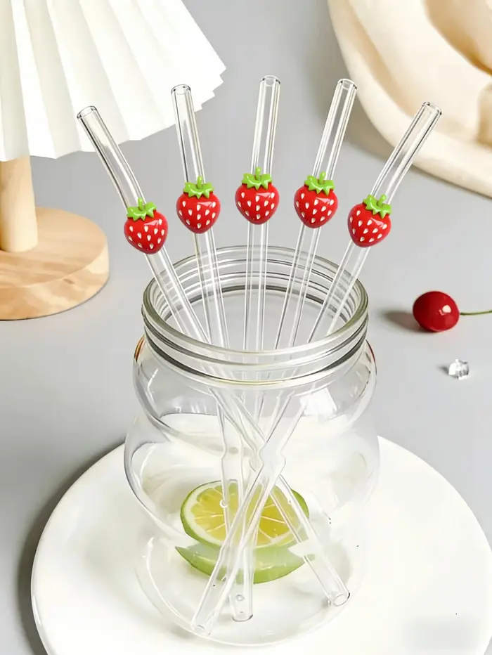 Pailles en verre courbées rouge fraise (1/3/6 pièces) pour boissons chaudes et froides, fournitures de cuisine, décoration de camping, cadeau de vacances et accessoire photo