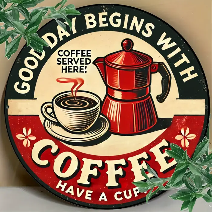 Pancarte Métallique Ronde Vintage « Bonne Journée Commence avec du Café » au Design Rétro de Café, F