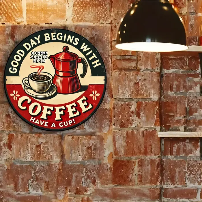Pancarte Métallique Ronde Vintage « Bonne Journée Commence avec du Café » au Design Rétro