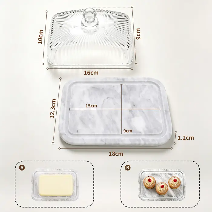 Plateau de service en verre avec base en marbre et couvercle, pour beurre, fromage, pain, gâteaux, f