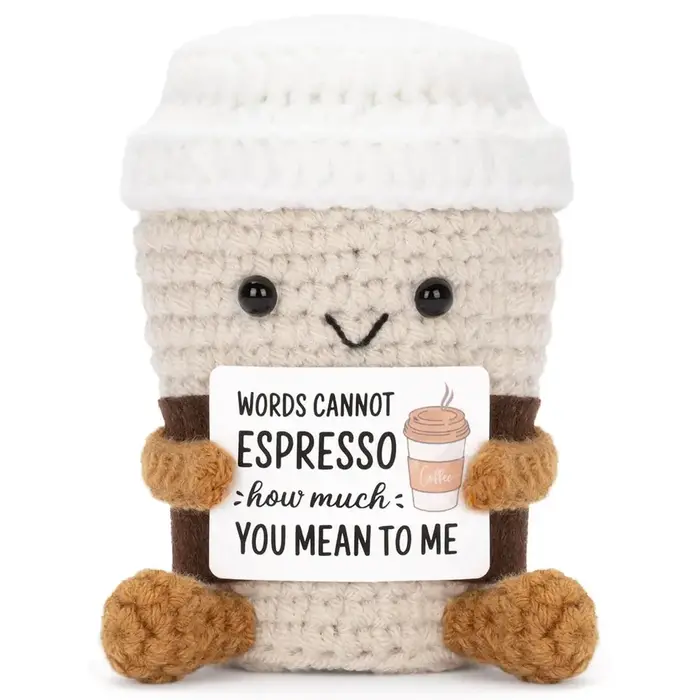Poupée de café au Crochet drôle, Support émotionnel, avec carte, ornement de bureau, poupées de café