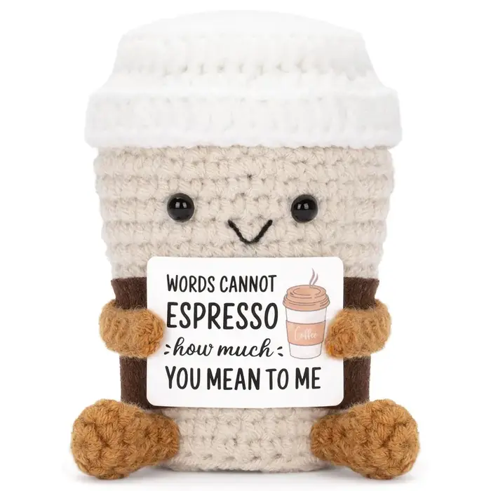 Poupée de café au Crochet drôle, Support émotionnel, avec carte, ornement de bureau, poupées de café