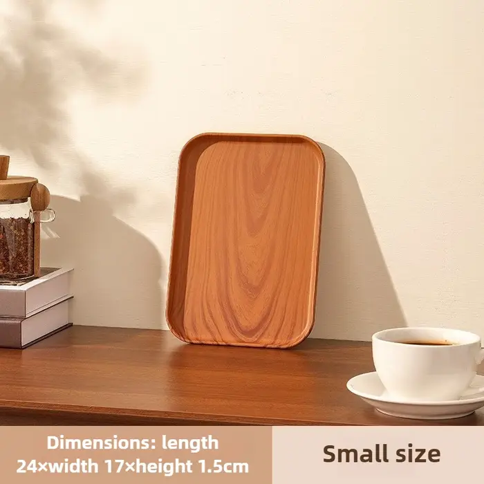 Plateau de service rectangulaire en plastique grain de bois, assiette de rangement polyvalente pour