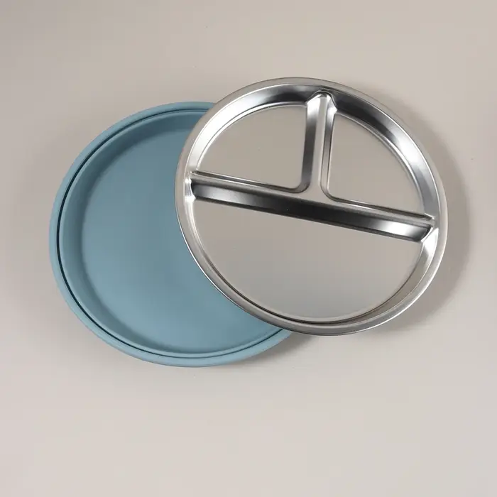 Assiette pour enfants en acier inoxydable avec bord en silicone