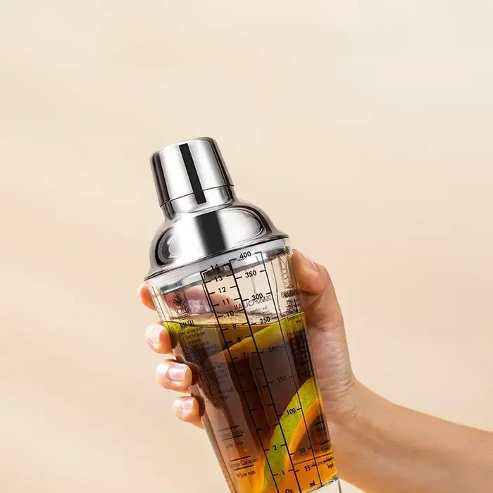 Shaker à Cocktail en verre, tasse à main avec échelles, couvercle et passoire en acier métallique de