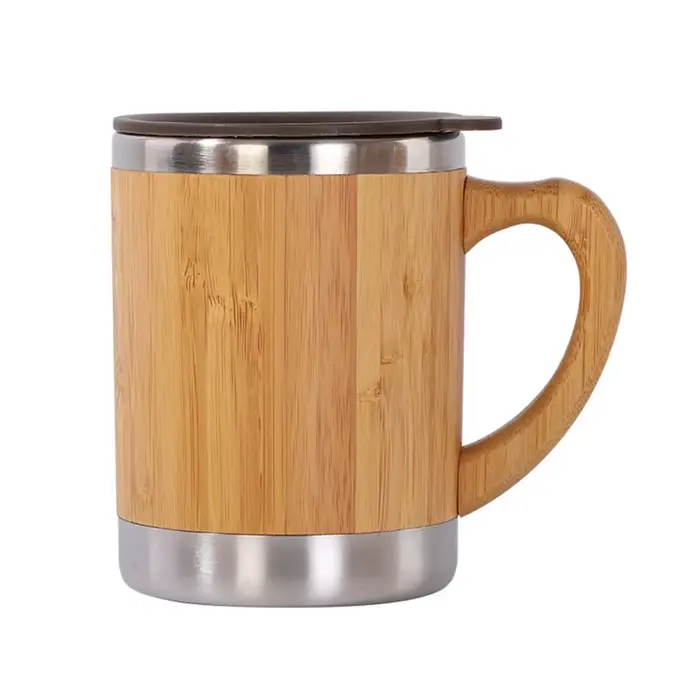 Tasse à café rustique en bambou avec poignée couvercle, tasse à thé Thermos en acier inoxydable pour