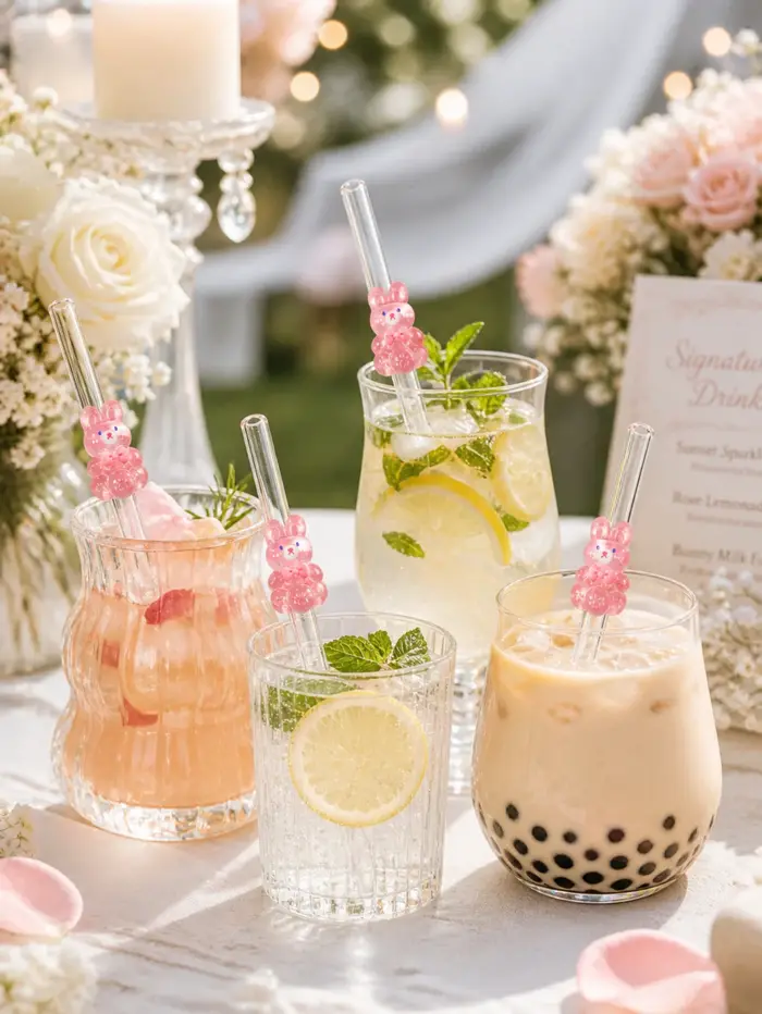 1/2/5 pailles en verre rose en forme de lapin
