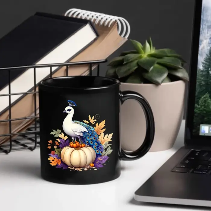 Tasse en céramique, motif de feuille d'automne paon noir et de citrouille