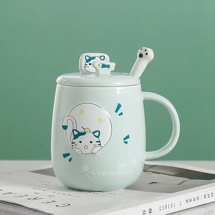 JUSTINLAU tasse chat avec couvercle et bec créativité tasse en céramique tasses de dessin animé tass