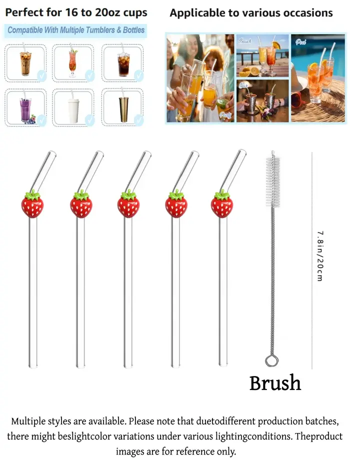 Pailles en verre courbées rouge fraise (1/3/6 pièces) pour boissons chaudes et froides, fournitures de cuisine, décoration de camping, cadeau de vacances et accessoire photo