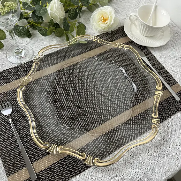 50 assiettes décoratives rondes transparentes avec bord doré, 13 pouces, pour la présentation de tab