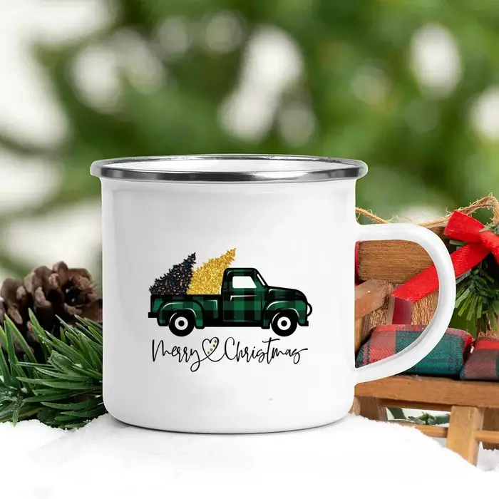 Tasses en émail imprimées pour fête de Noël, fête de Noël, dessert, cacao chaud, chocolat, poignée, tasse, cadeaux, standardisation du café, c'est la période la plus 3e de l'année