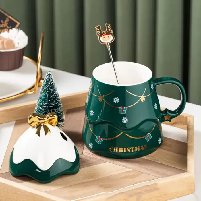 Avec couvercle et cuillère Tasse en céramique pour arbre de Noël