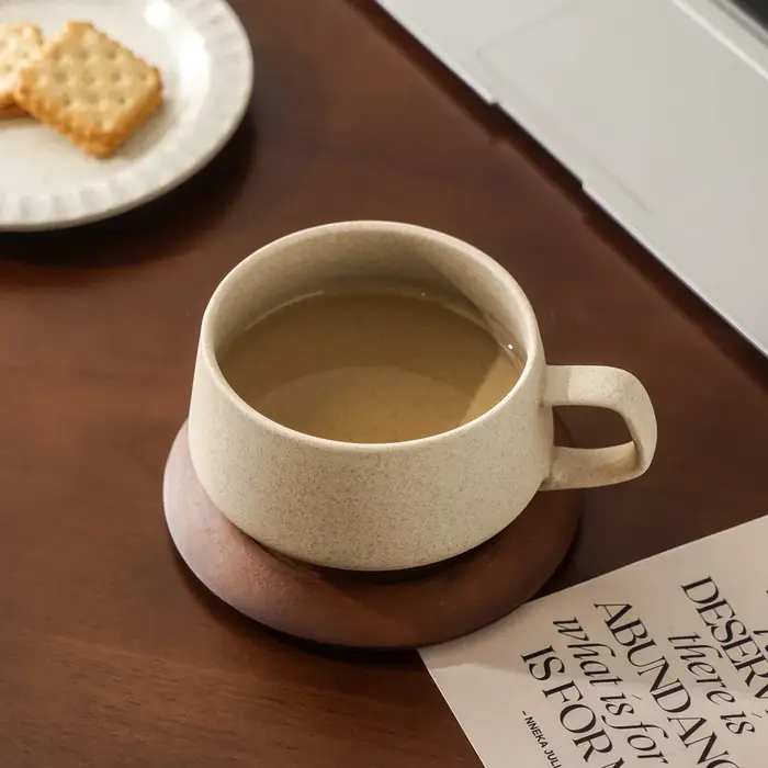 Tasse à café en céramique rustique avec soucoupe en bois 240 ml – Tasse à dessert pour le thé de l'a