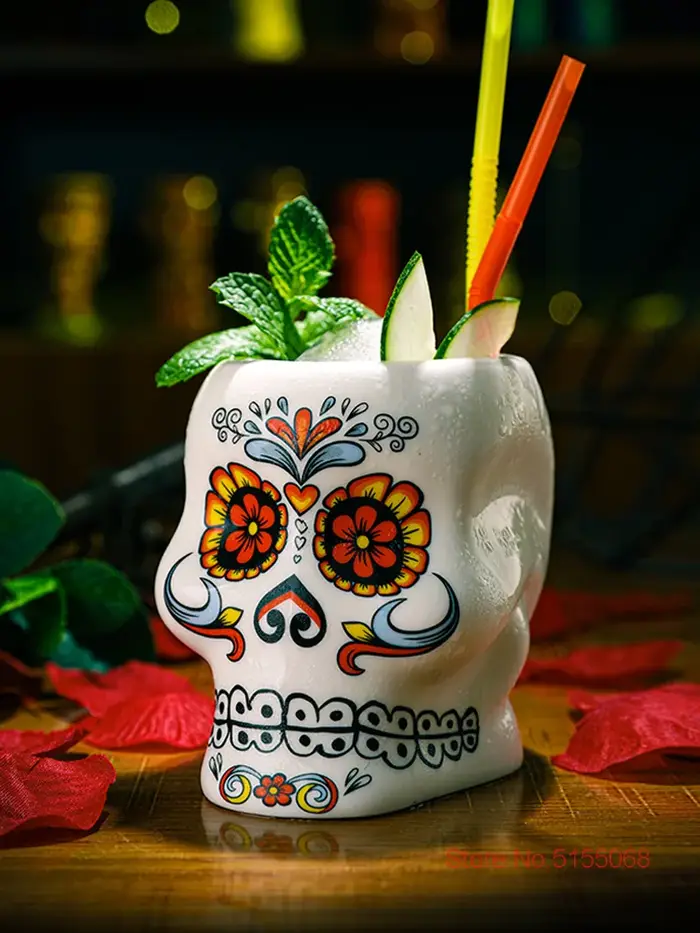 Verre à Cocktail en Céramique avec Motif de Fleur et Crâne