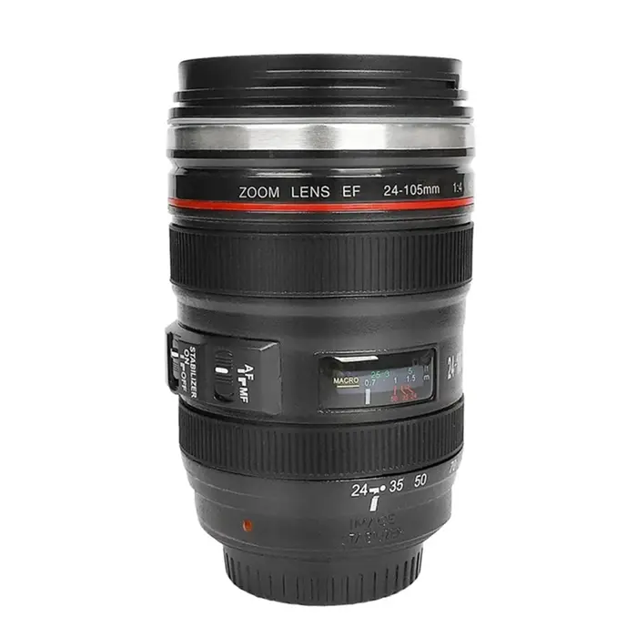 Tasse à café décontractée en acier inoxydable avec couvercle, modèle d'objectif d'appareil photo SLR