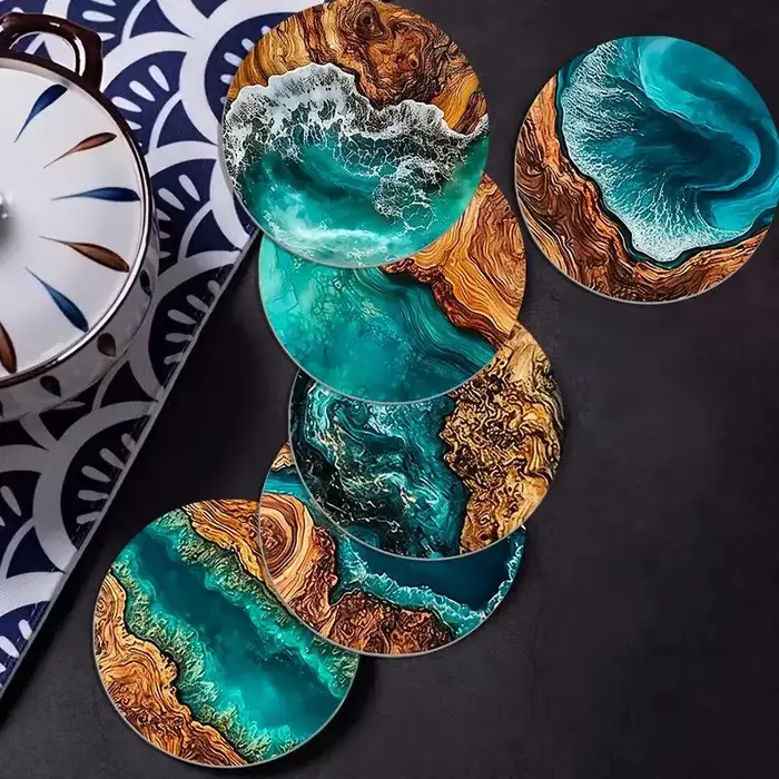 Ensemble de sous-verres à motif de vagues océaniques et de grain de bois