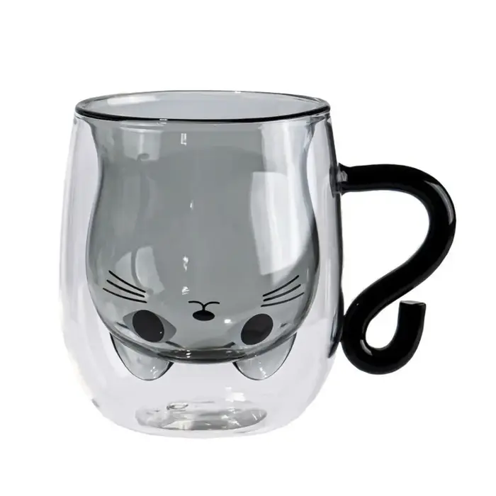 Tasses à café en verre isolées, Double paroi, chat de dessin animé, expresso, résistantes à la chale