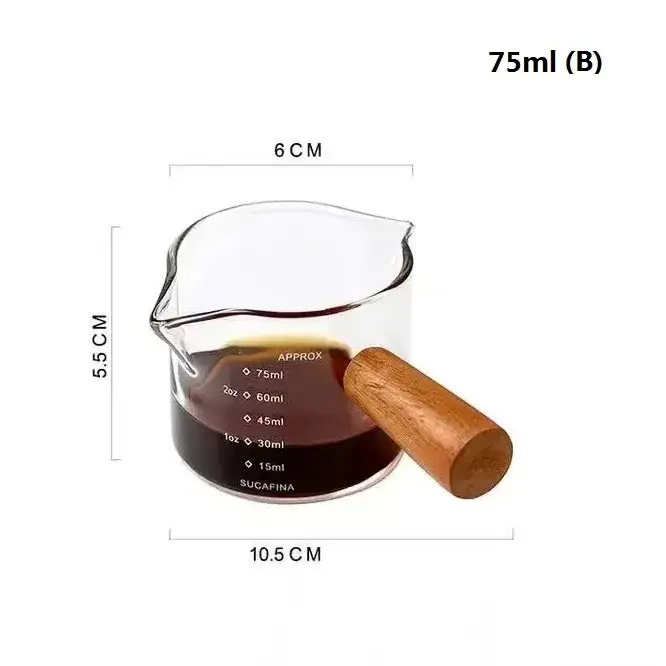 Tasse à mesurer à café en verre résistant à la chaleur de 75 ml avec manche et balance en bois – Carafe à lait pour expresso/latte – Outil Barista