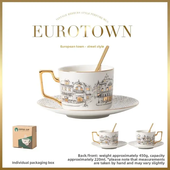 Ensemble tasse à café et soucoupe en céramique de style européen avec bordure dorée, tasse à thé rét