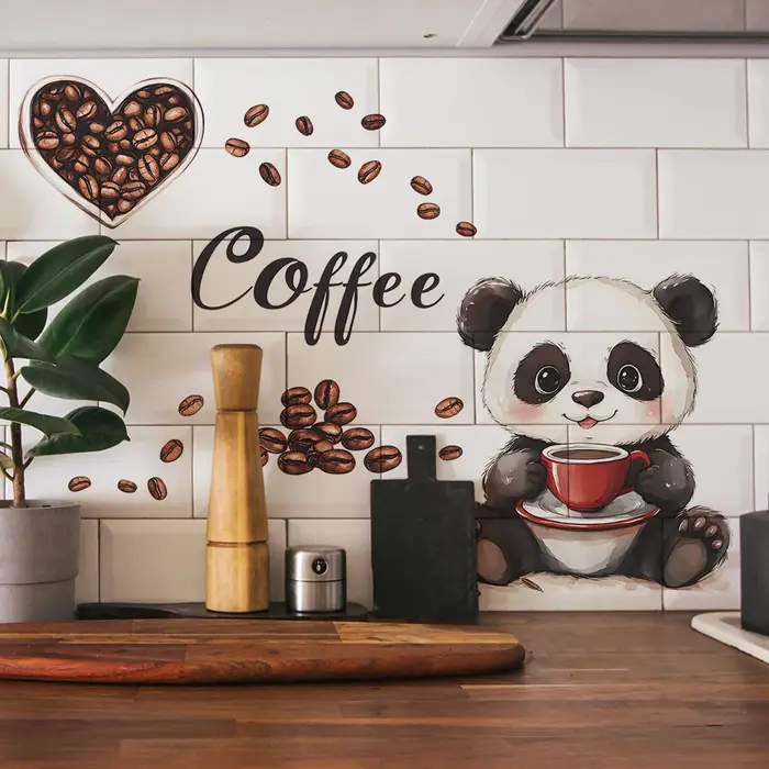 Autocollant mural de panda dessinant un panda buvant du café