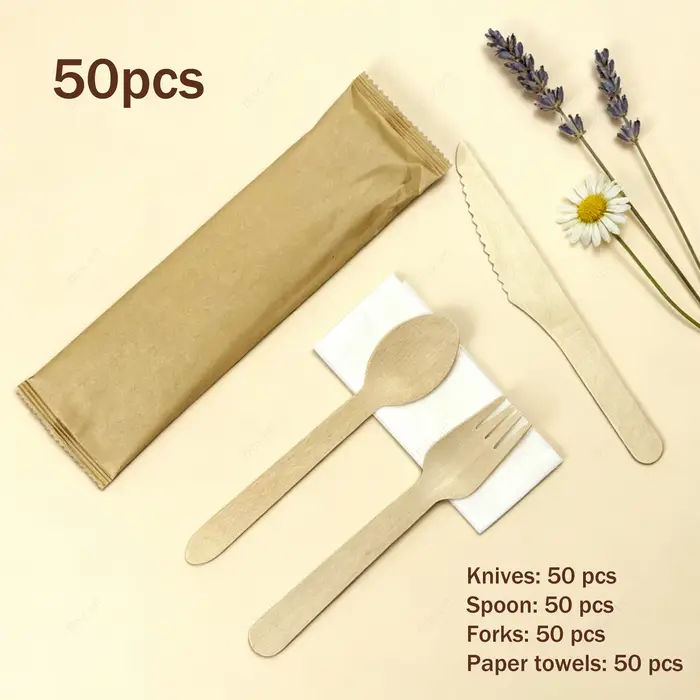 Ensemble de couverts jetables en bois de 50 pièces (couteau + fourchette + cuillère + serviette) fabriqués
