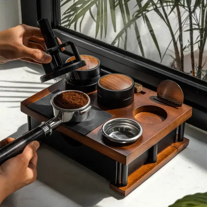 Station de bourrage de café en bois massif arrondi