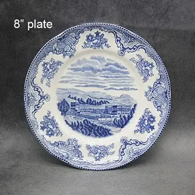 Queset de châteaux de Grande-Bretagne bleus, style européen, QueWare, assiette de petit déjeuner en céramique, plats de boeuf, plat à dessert, bol à soupe