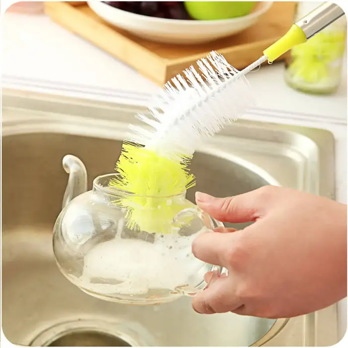 Brosse de nettoyage de bouteilles à tête ronde incurvée, poignée en acier inoxydable, tasse de netto