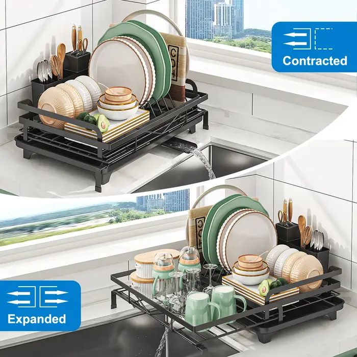 Égouttoir à vaisselle extensible avec porte-couverts et bec de drainage pivotant