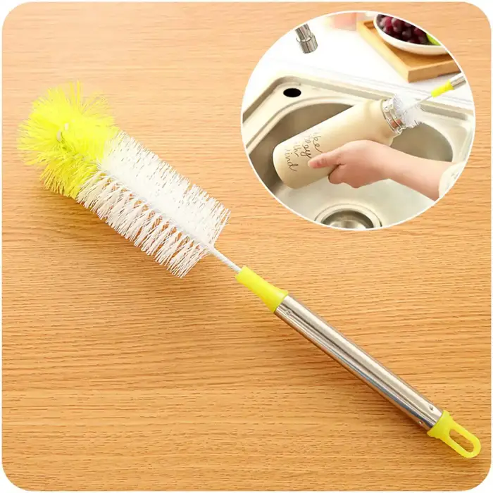 Brosse de nettoyage de bouteilles à tête ronde incurvée, poignée en acier inoxydable, tasse de netto