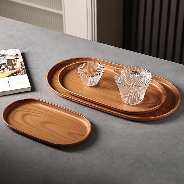 Vaisselle en plastique Grain de bois plateau alimentaire rond Rectangle assiette à Dessert style japonais Snack fruits thé soucoupe palette planche à pain