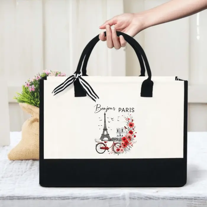 Fourre-tout en toile crème et noire avec "Bonjour Paris"