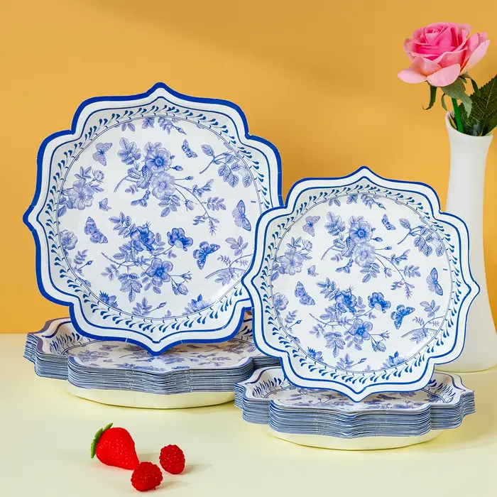 Assiettes en papier jetables à thème floral bleu