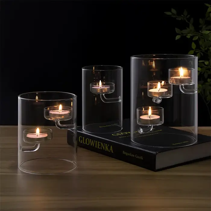 Bougeoir cylindrique européen en verre creux d'ouragan