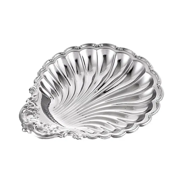 Assiette à dessert vintage couleur argent, forme coquillage, plateau alimentaire gaufré, détails déc