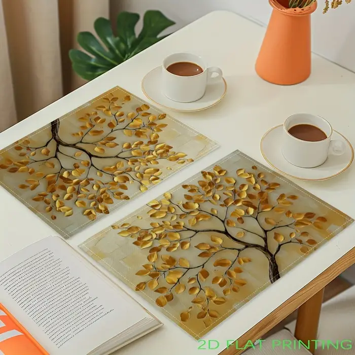 Napperons imprimés d'arbre de feuilles dorées d'impression plate 2D