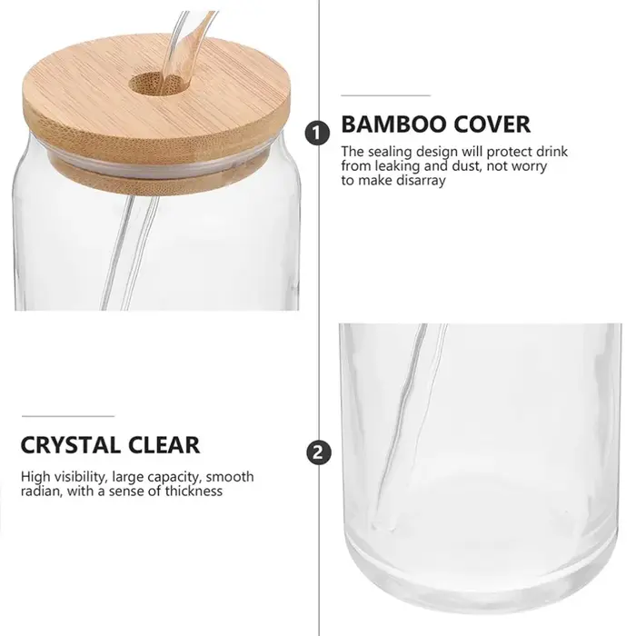 Tasses en verre avec couvercles et paille en bambou