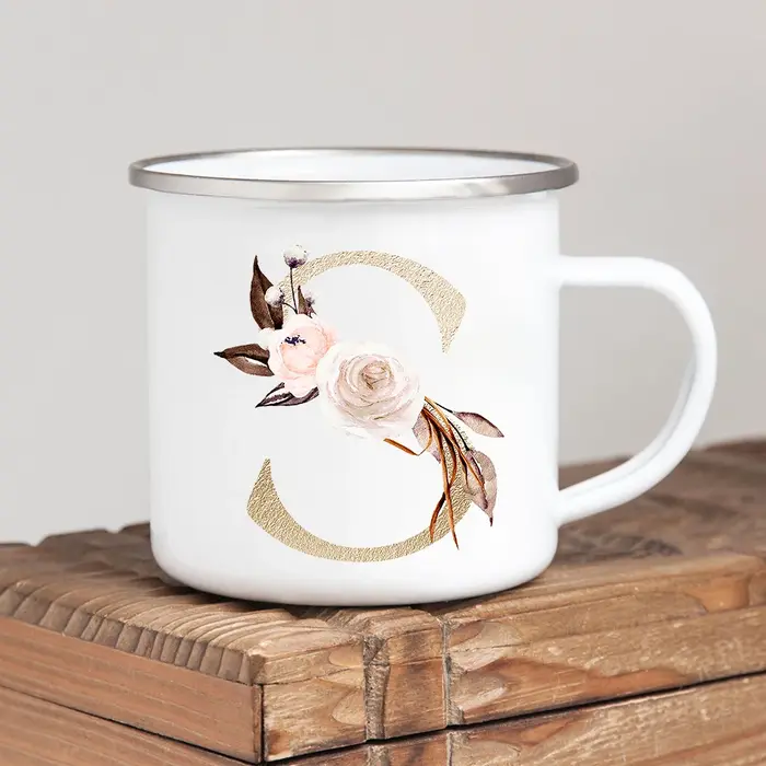 Tasses en émail vintage avec poignée, alphabet doré, fleurs, café à boire, bière, lait, thé, camping, randonnée, cadeaux, maison, bureau, standard