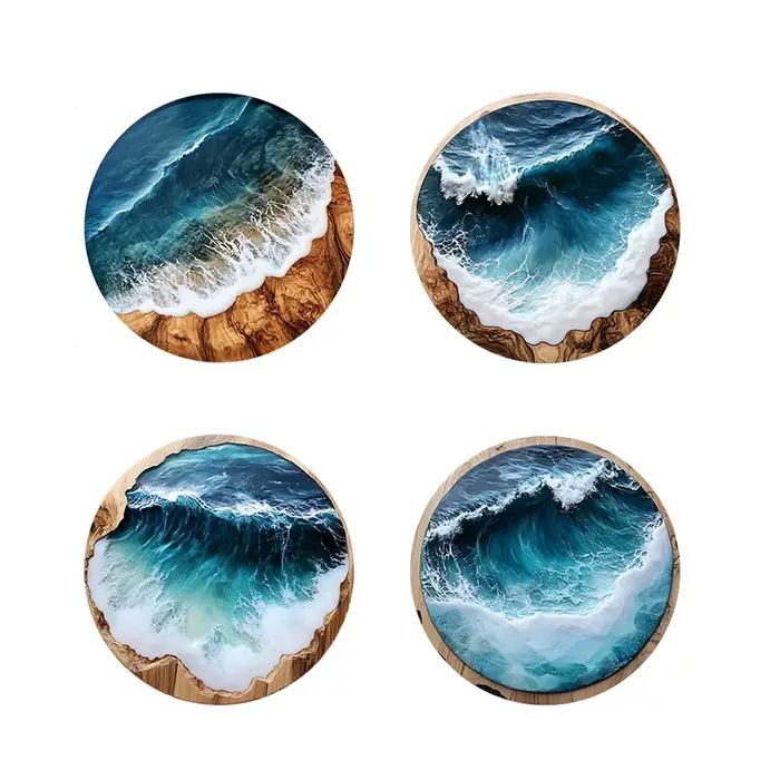 ♥ Ensemble de sous-verres océan vague et Grain de bois