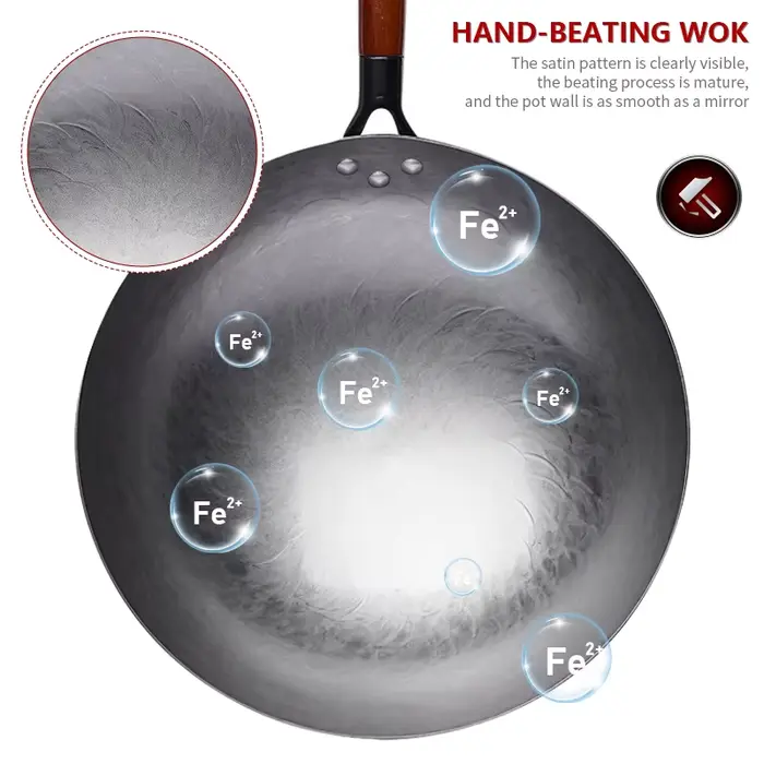 Wok traditionnel en fer, Woks sans revêtement forgé à la main pour poêle de cuisine manche en bois W