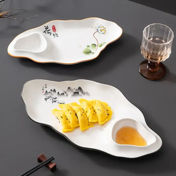 Assiette à raviolis 1 pièce avec coupelle à vinaigre, forme créative spéciale, pour restaurant et usage domestique, assiette à frites et raviolis, vaisselle de table domestique