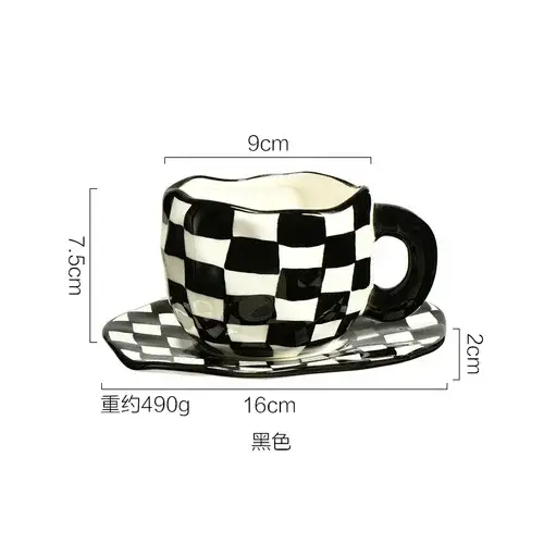 Tasse à café en céramique damier malaxé à la main, style nordique, noir et blanc, thé de l'après-mid