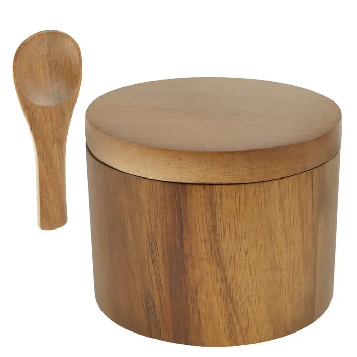 Salière Ronde en Bois d'Acacia avec Cuillère spatirée et Couvercle à Comcussion Magnétique