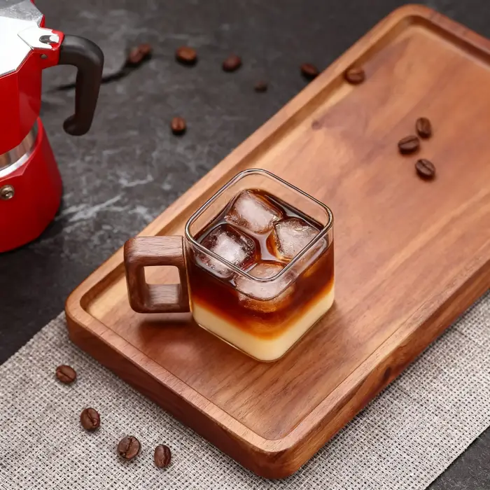 TINA WIMCN 4 pièces 90ml petite capacité tasse à café en verre moulu avec manche en bois de noyer maison petit déjeuner lait thé tasses Drinkware