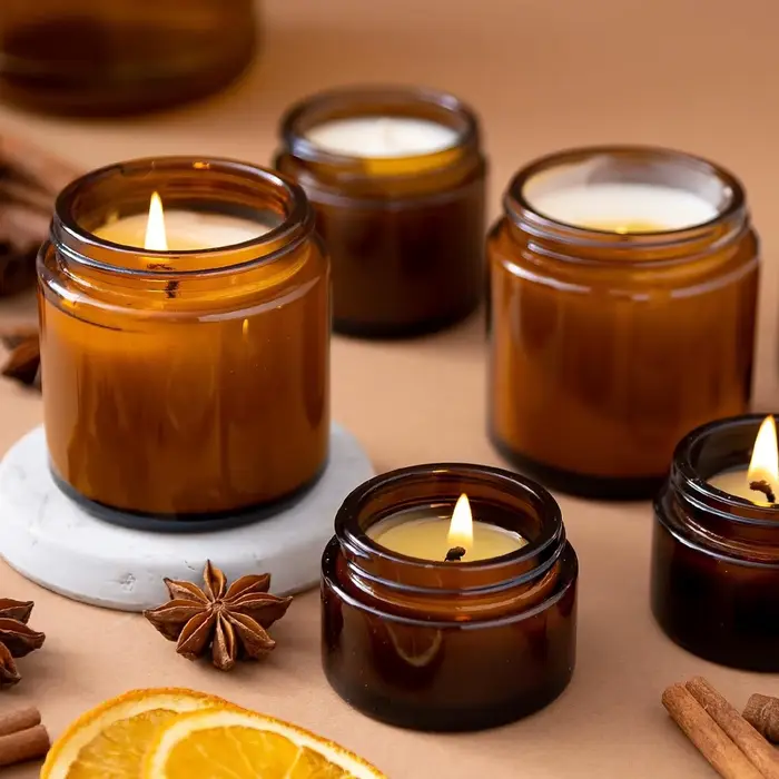 Pots à bougies, bocaux ronds en verre ambre épais avec couvercles et étiquettes pour la fabrication